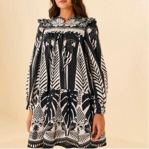 Farm Rio Macaw Elegance Mini-Dress long sleeve black babydoll animal parrot bird